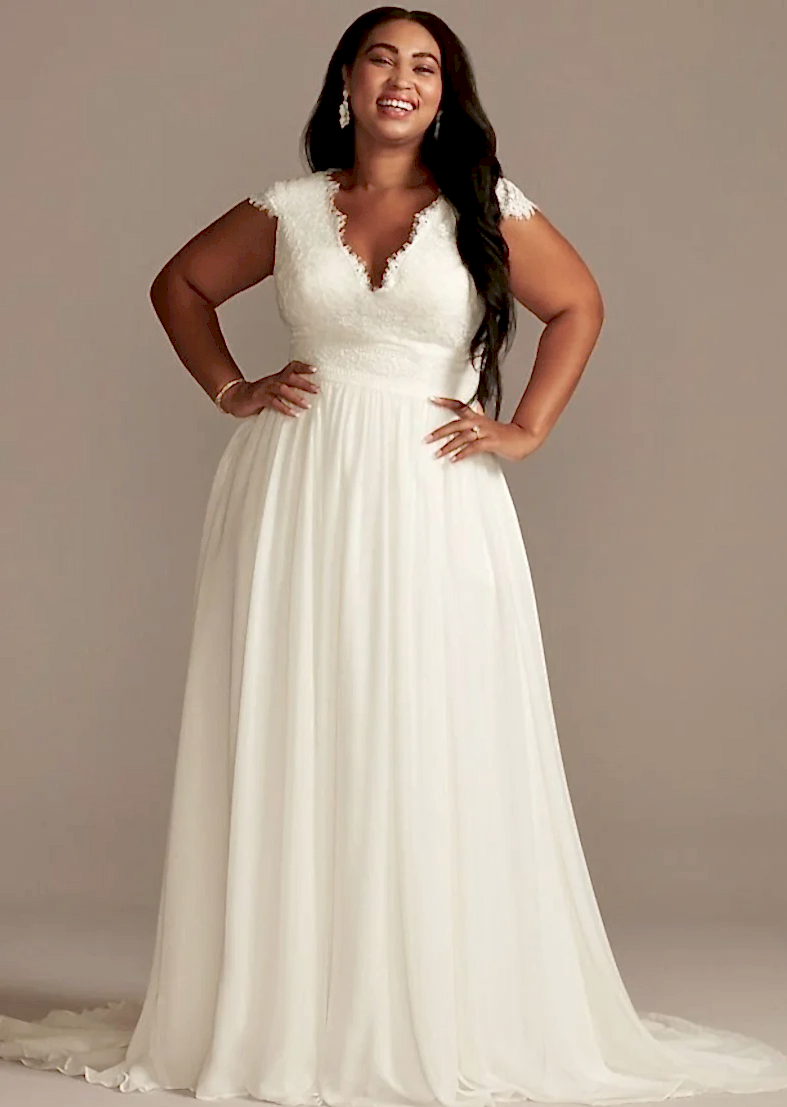 Lace Illusion Back Chiffon Plus Size Wedding Dress