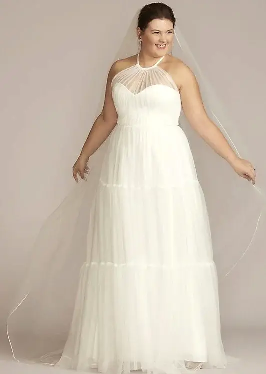 Halter Plus Size Wedding Gown with Tiered Skirt