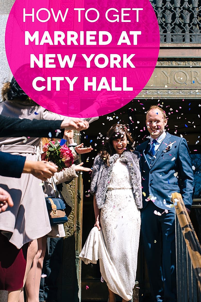 Couple leaving New York CIty Hall after getting married