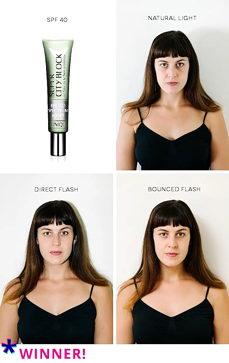 makeup in natural light, direct flash, and bounced flash