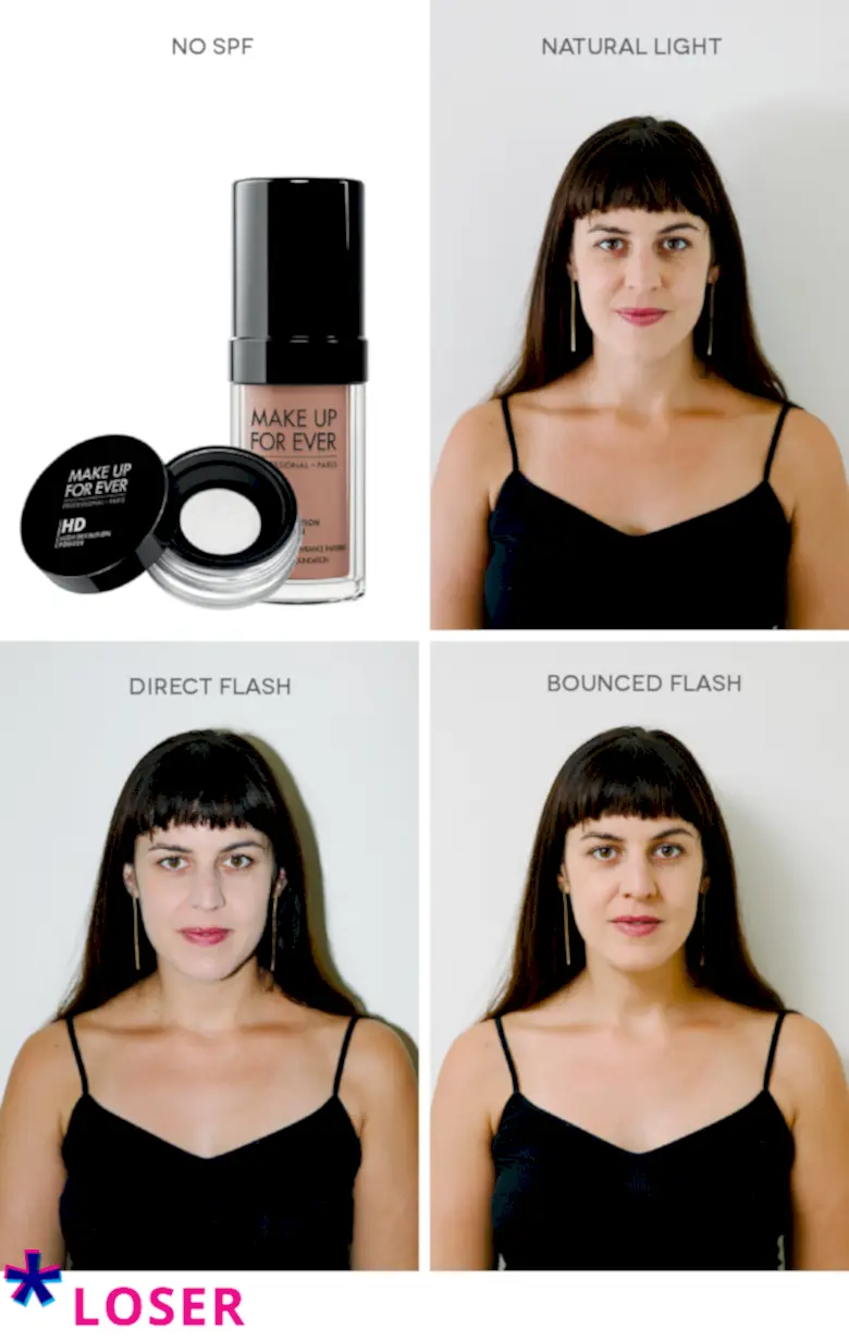 makeup in natural light, direct flash, and bounced flash