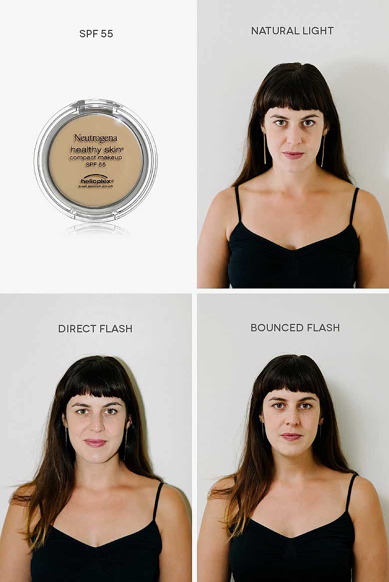 makeup in natural light, direct flash, and bounced flash