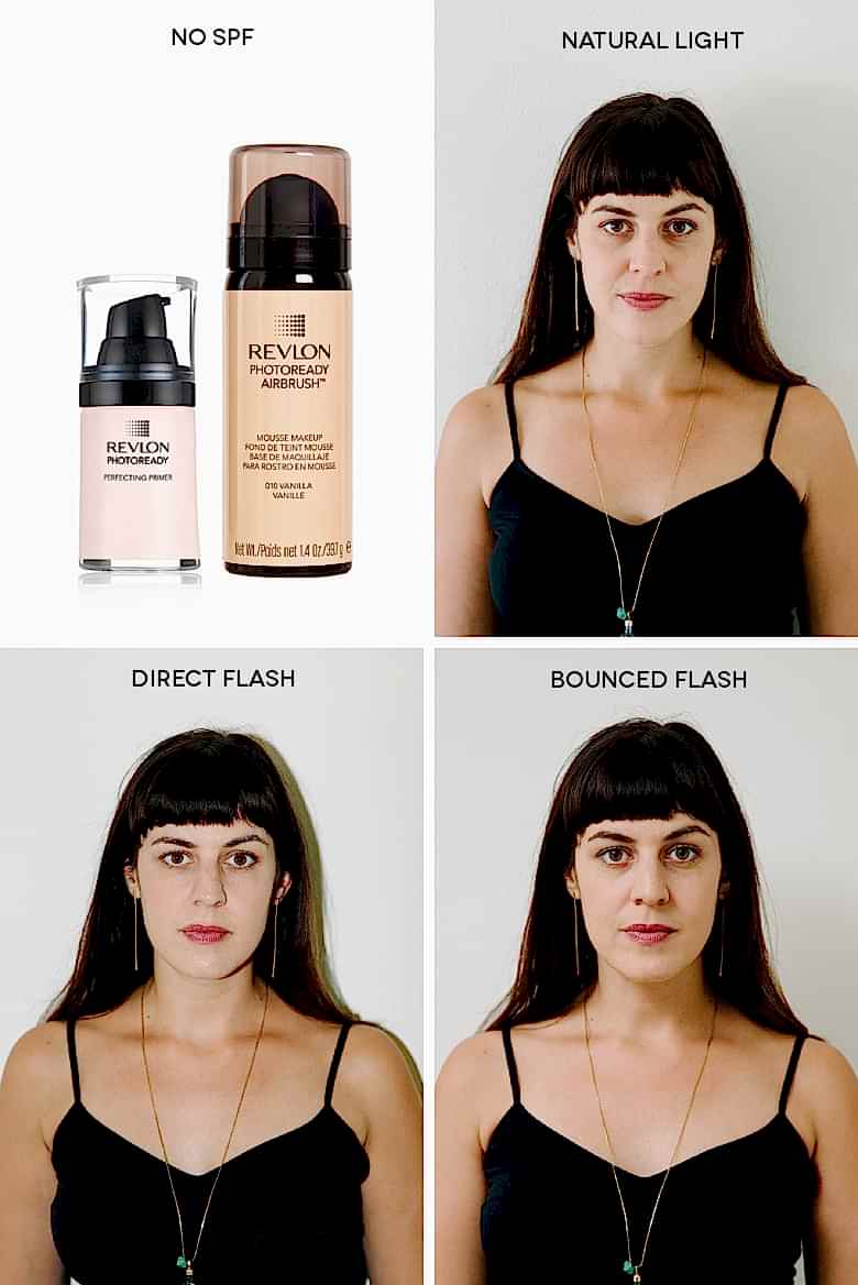 makeup in natural light, direct flash, and bounced flash