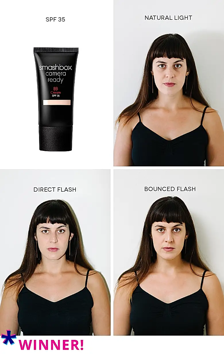 makeup in natural light, direct flash, and bounced flash