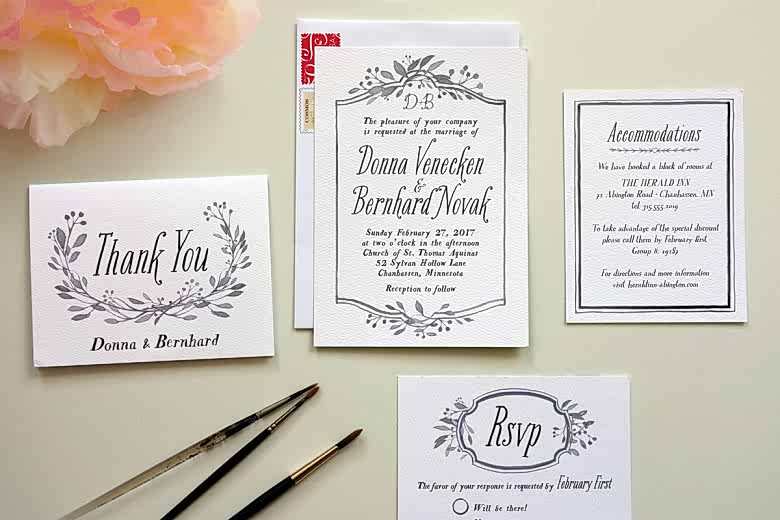 white wedding invitations with black type