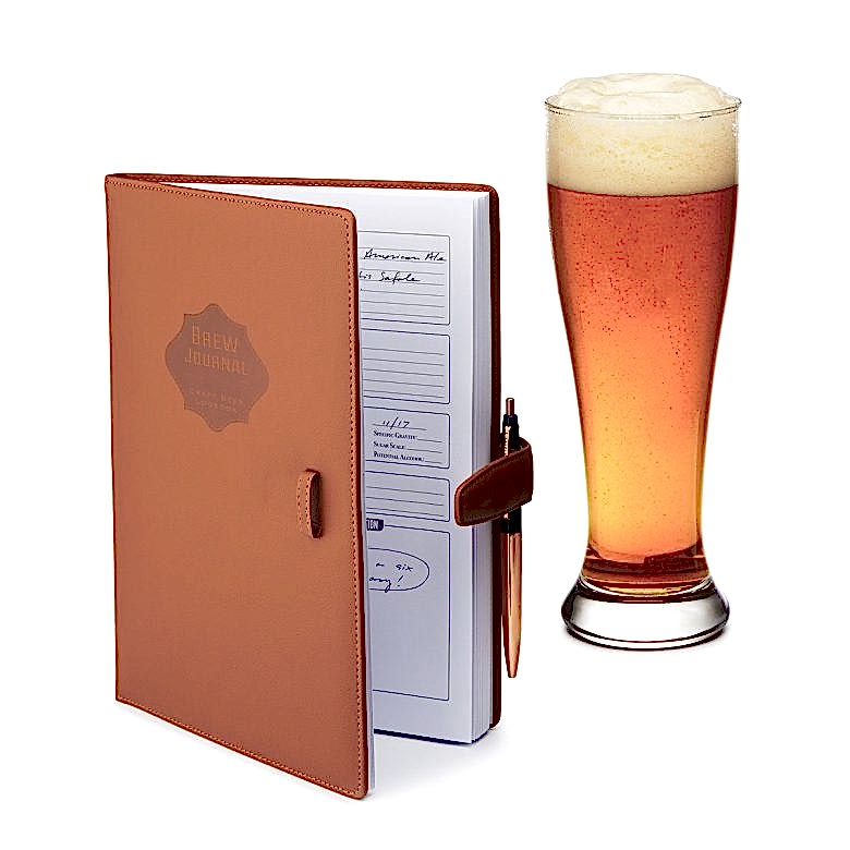 brown leather homebrew journal with beer