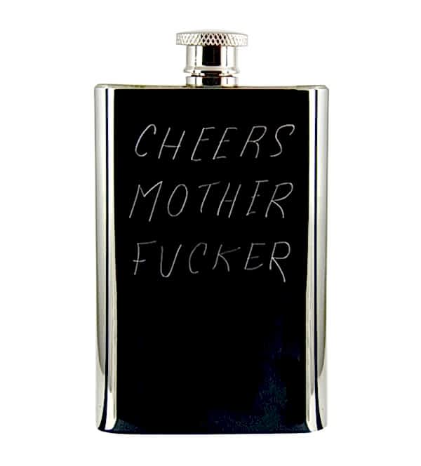 the sarcastic anniversary gift: a custom engraved flask with words "Cheers Mother Fucker"