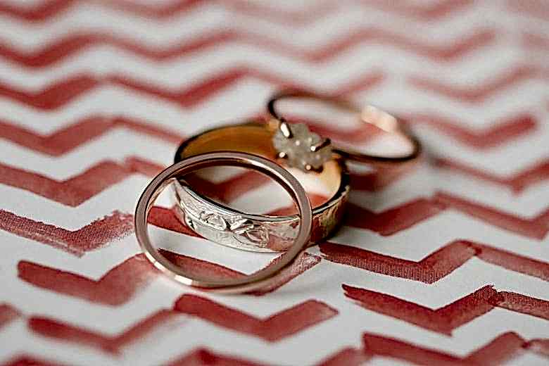 wedding rings on pink and white