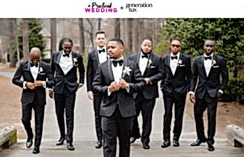 A groom adjusting his lapels with his groomsmen, all wearing GenTux suits and walking across a bridge. The text above the image reads A Practical Wedding + Generation Tux