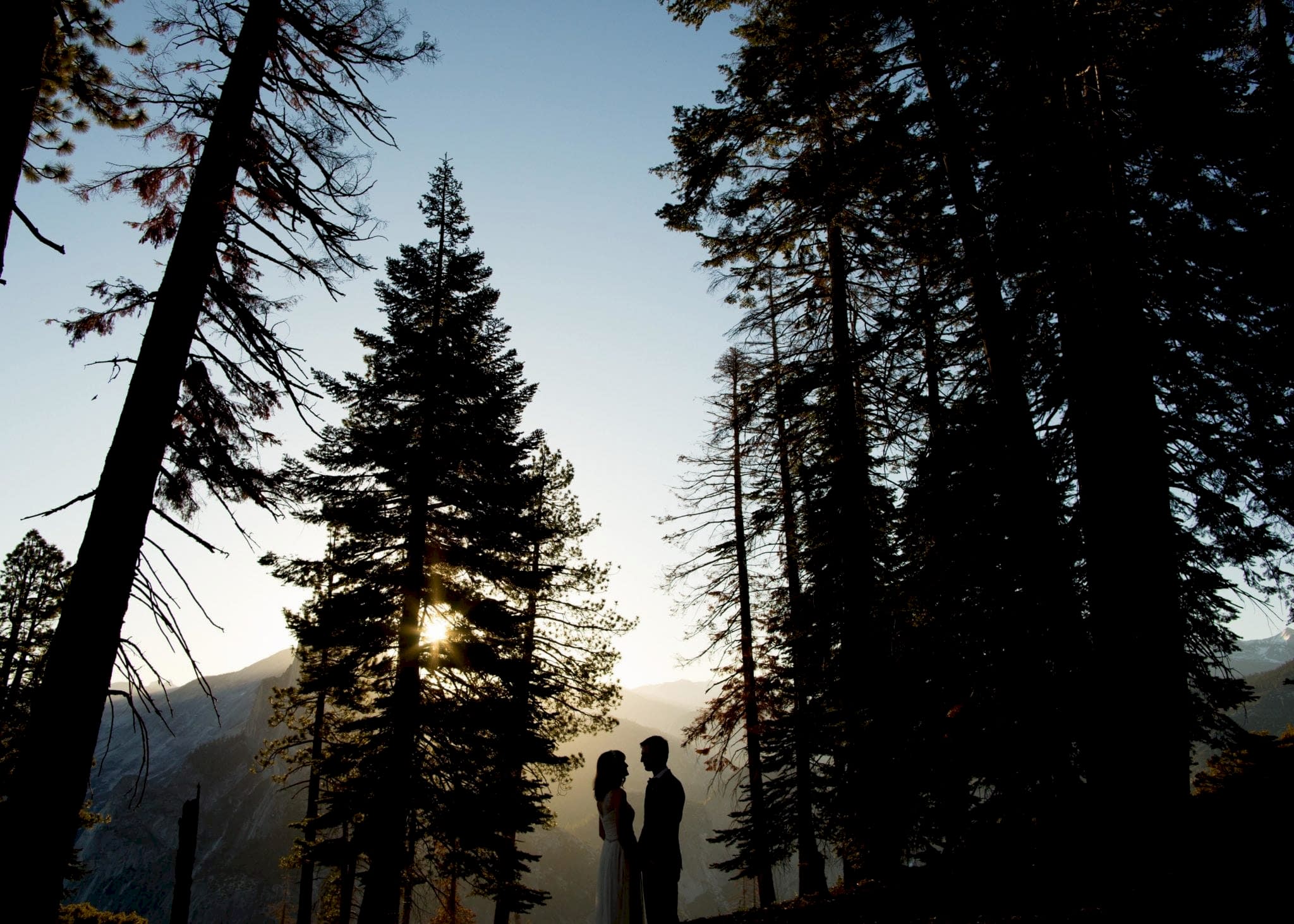 two people stand in the woods