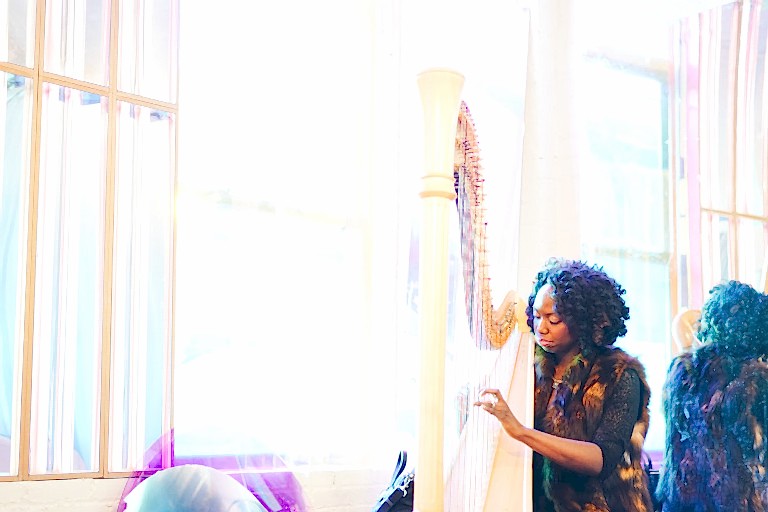 a harpist plays during a reception