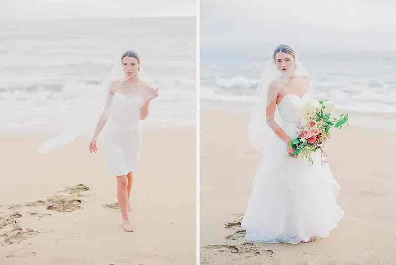 Two photos of veiled girl in bridal seperates on a beach