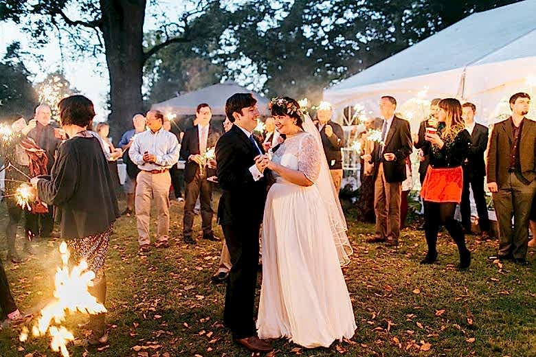 bride and groom dancing in sparklers