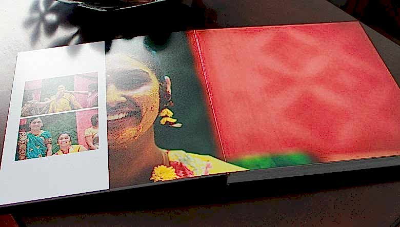 flush mount wedding photo album spread of Indian wedding