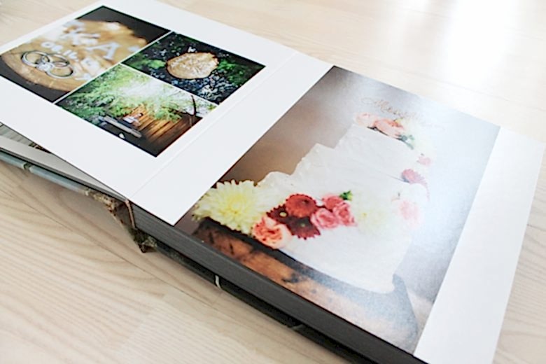 flush mount wedding photo album layout with cake