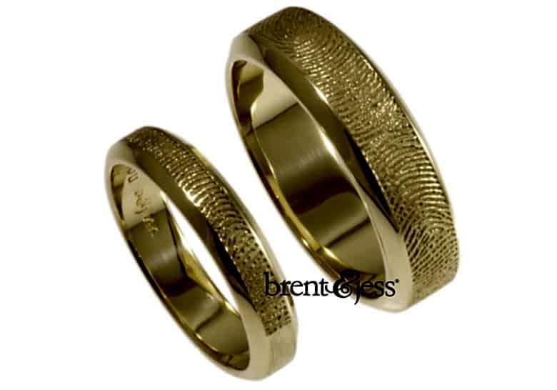 beveled edge gold brent and jess fingerprint weddings bands