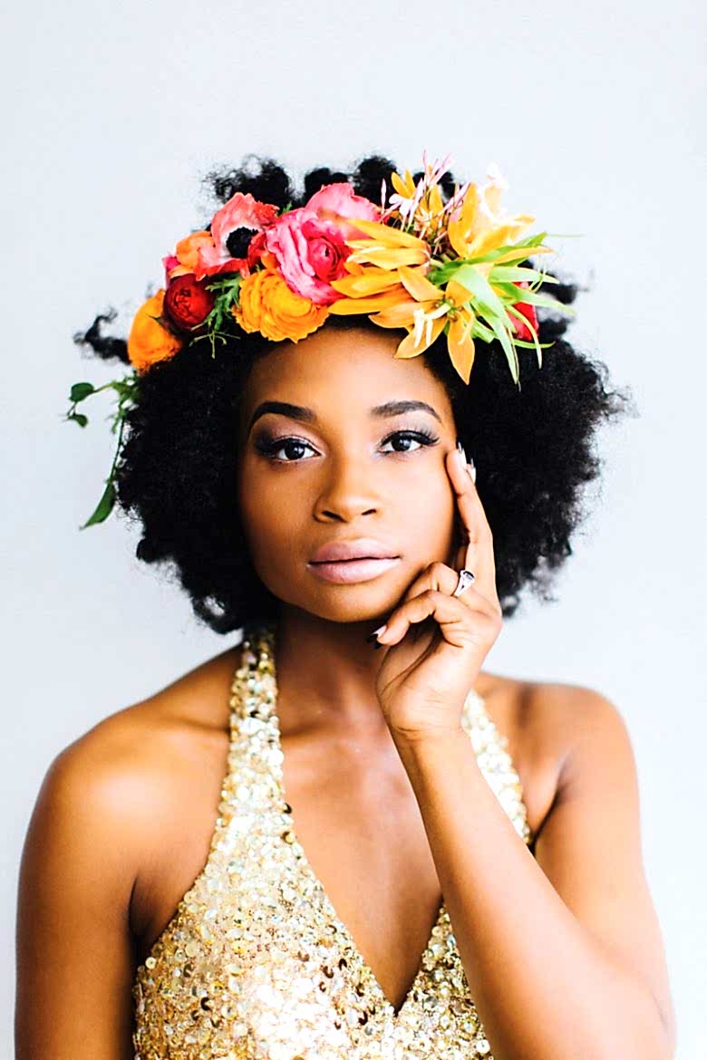 natural afro bridesmaid with floral crown