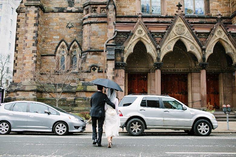 bride and groom walking to venue