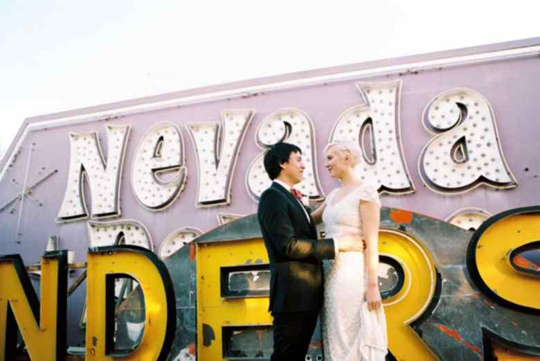 couple eloping in the neon museum in Las Vegas