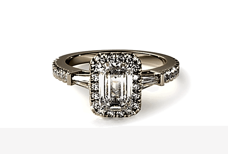 Yellow Gold Tapered Baguette Emerald Halo Engagement Ring