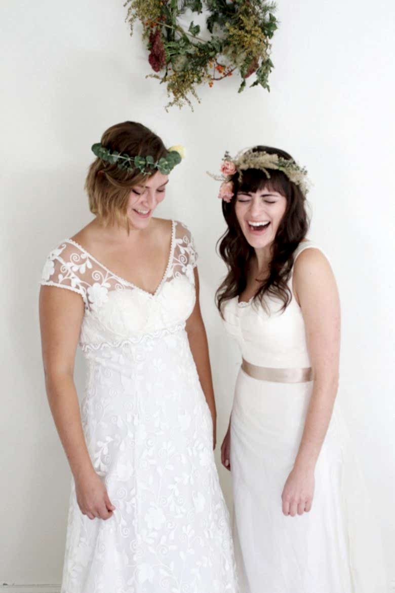 two women modeling celia grace gowns