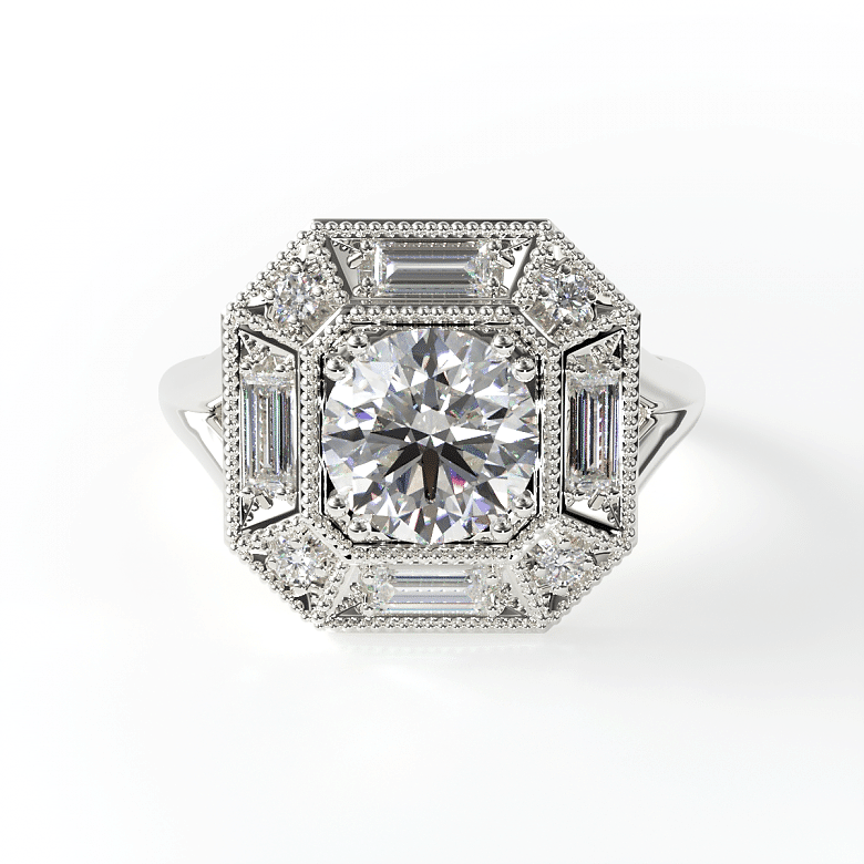 White Gold Baguette Milgrain Halo Engagement Ring