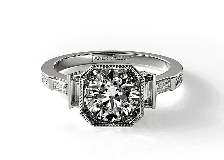 White Gold Engraved Basket Unique Engagement Ring