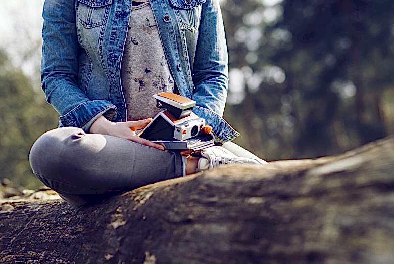 woman sitting on a tree with a camera