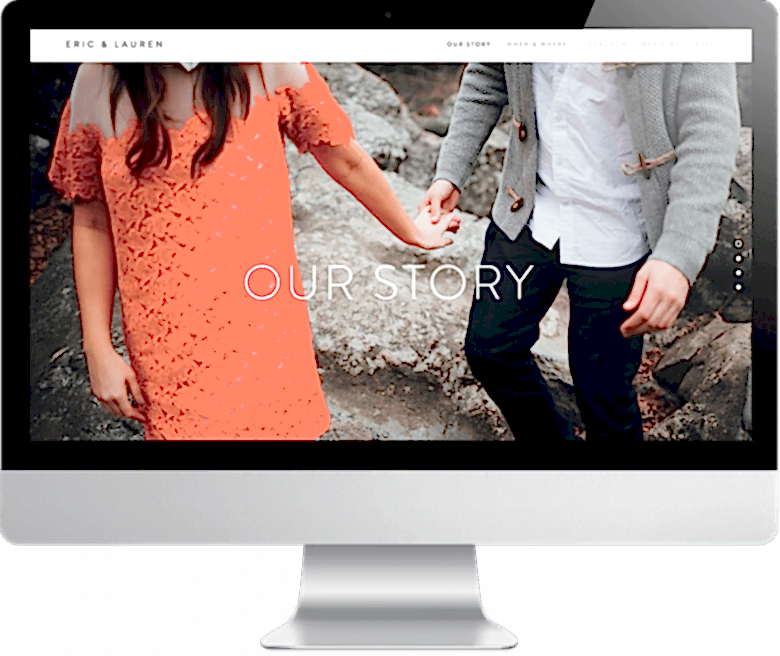 Eric & Lauren's wedding website with picture of woman in bright red off the shoulder lace dress and man wearing a grey sweater with toggle buttons and black pants in front of a craggy grey rock with text overlay that reads "our story" on a computer monitor