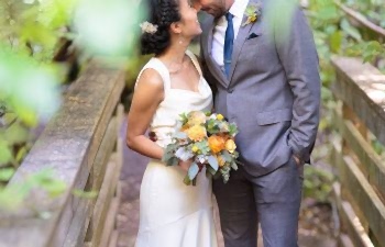 bride and groom laughing