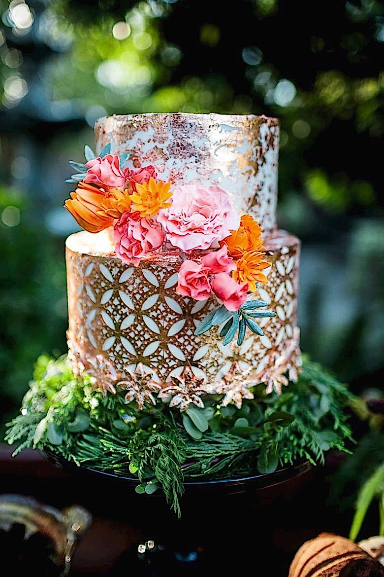 metallic and floral wedding cake
