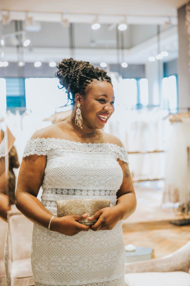 plus size black bride wearing BHLDN eira gown in Palo Alto salon