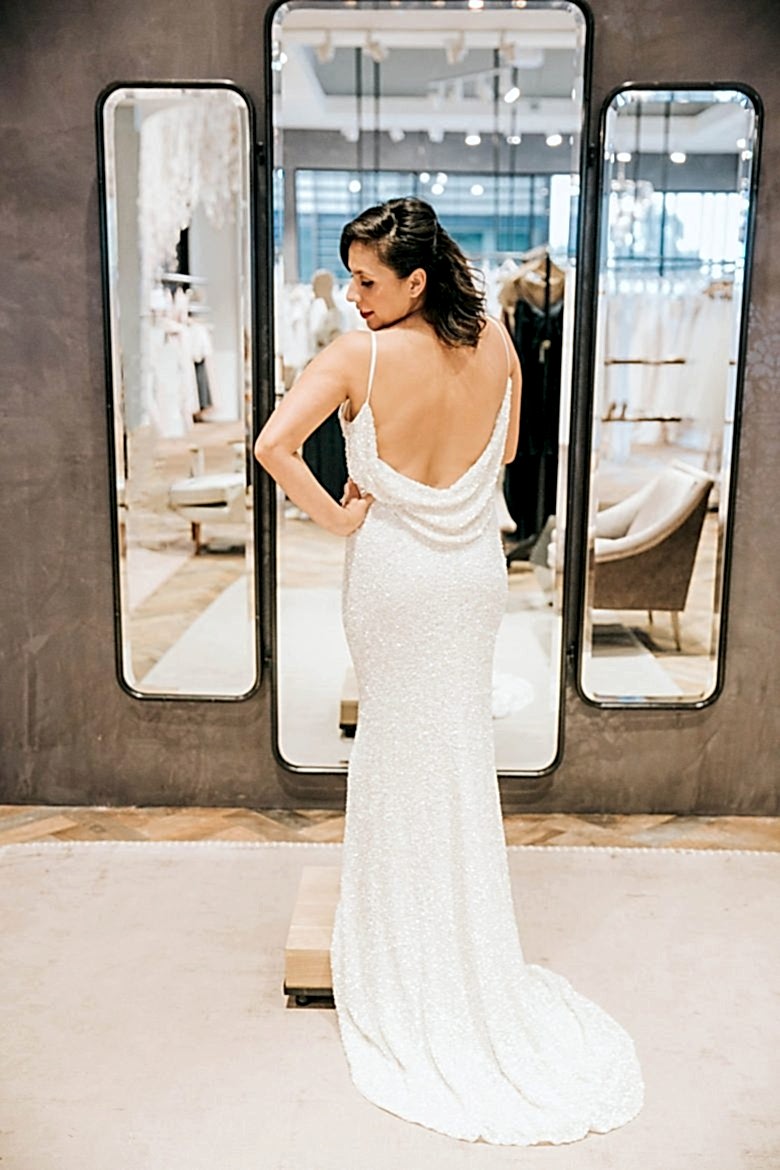 Bride wearing BHLDN Natalia gown in Palo Alto Salon