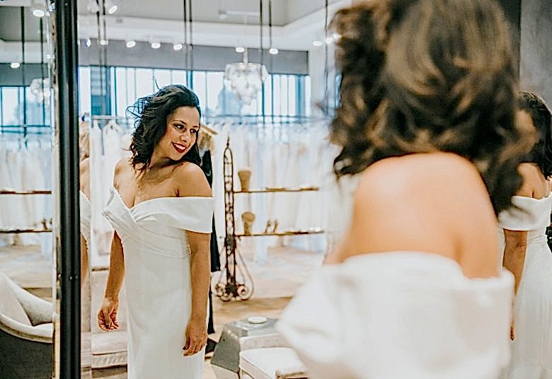 Bride wearing BHLDN blake gown in Palo Alto salon