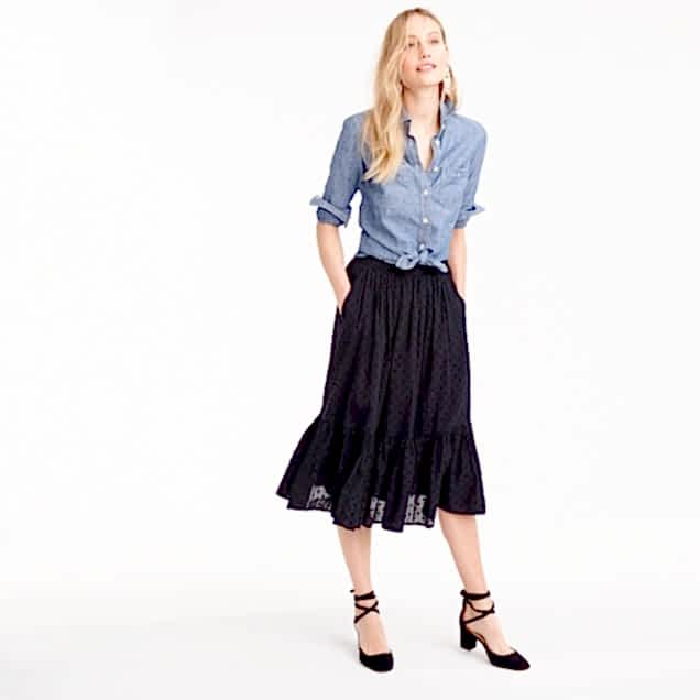 chambray shirt and black skirt f