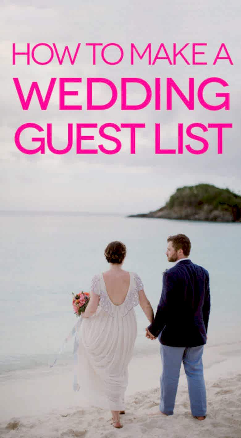 wedding couple at a beach with words "how to make a wedding guest list"