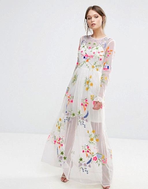 white slip dress with emrboidered floral long sleeve sheer overlay