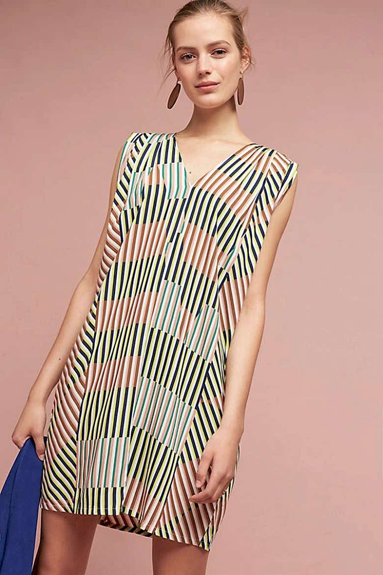 mini striped shift dress on woman model