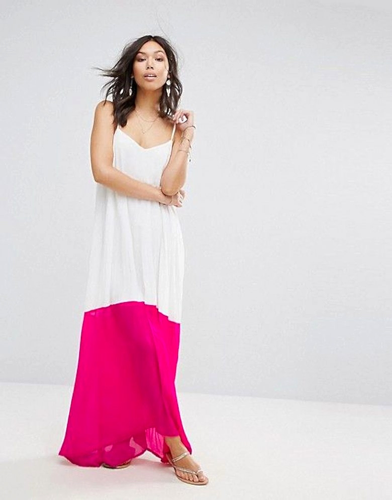 Sleeveless maxi white dress with pink colorblock bottom