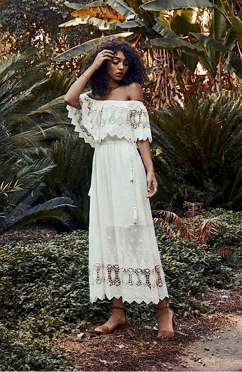 off the shoulder crochet ankle length white dress with natural hair model