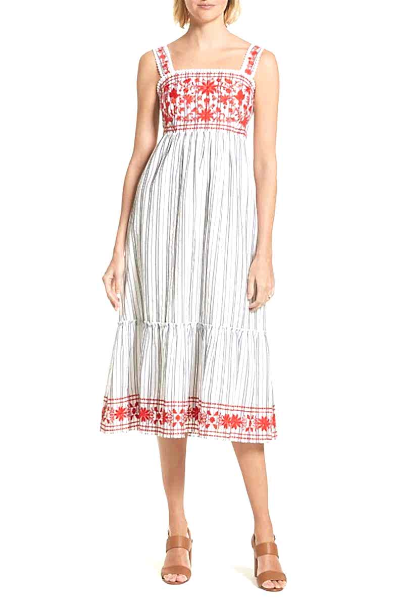 sleeveless black and white stripe peasant dress with red embroidery