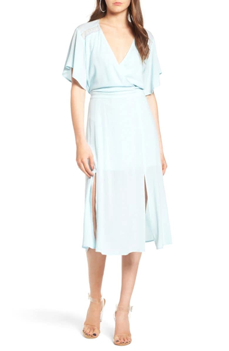 mini blue sheet wrap dress with lace inserts and slits 