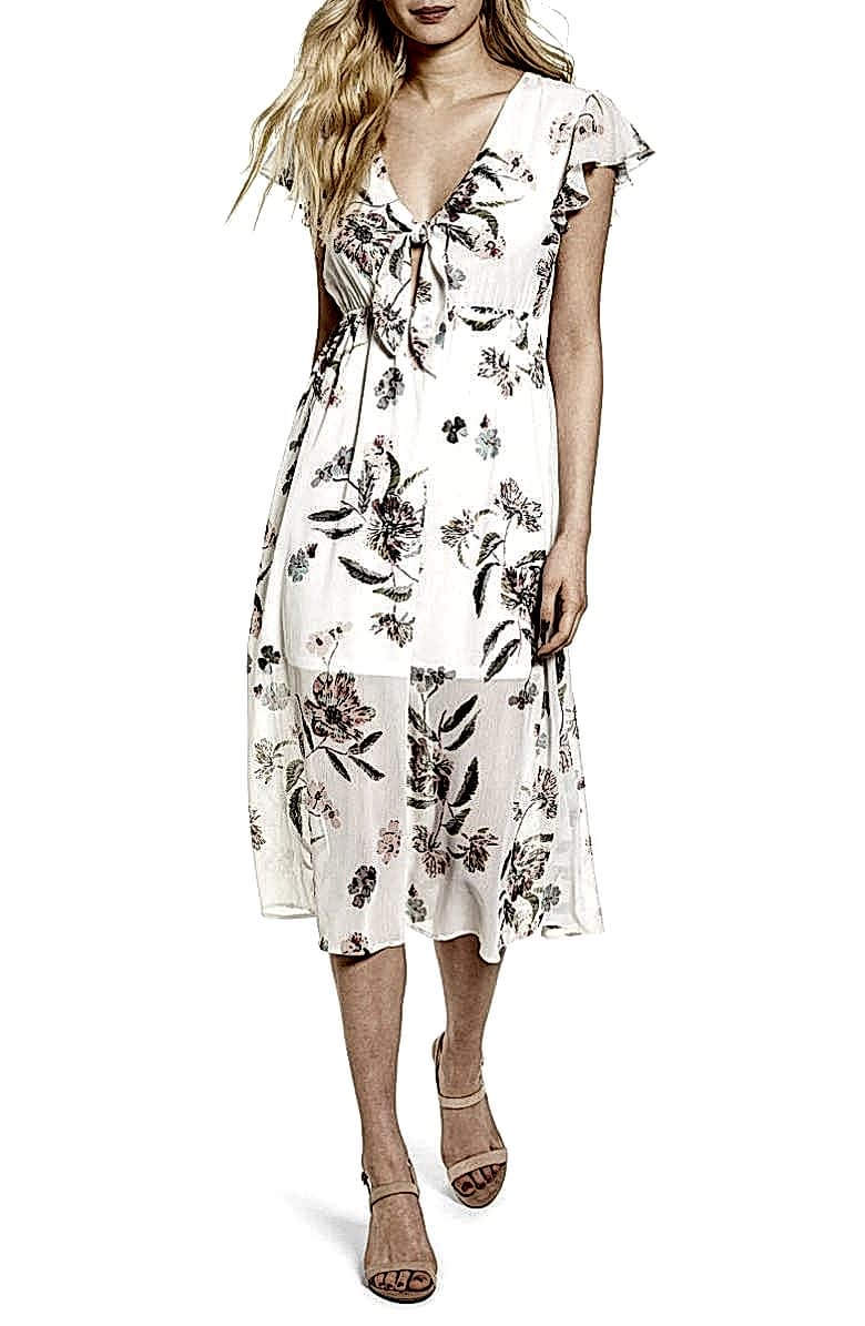 tie front short sleeve white dress with floral sheer overlay