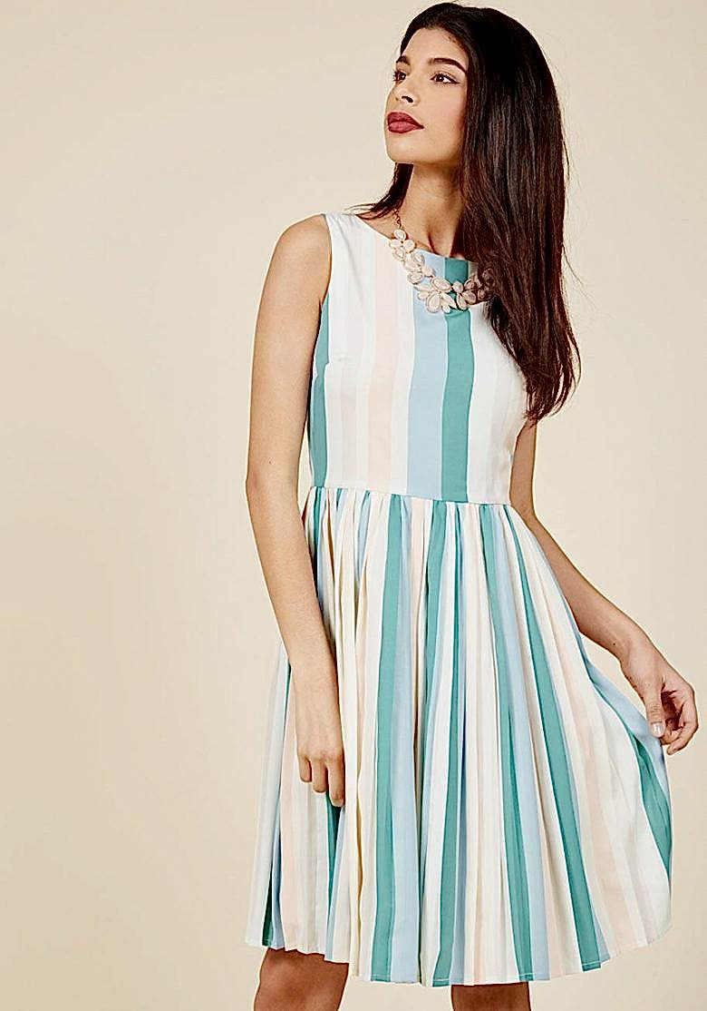 striped green and yellow sleeveless fitted waist dress
