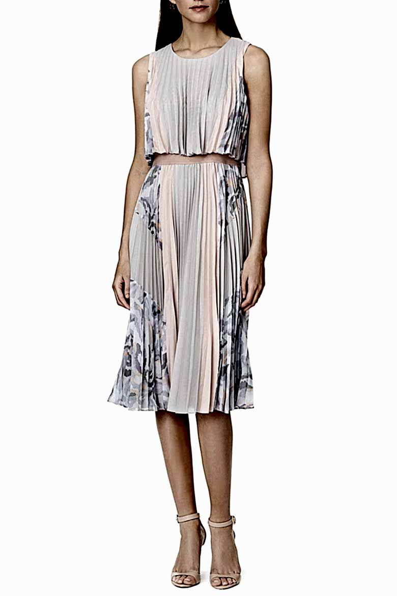 grey and pink pleated sleeveless dress with floral details
