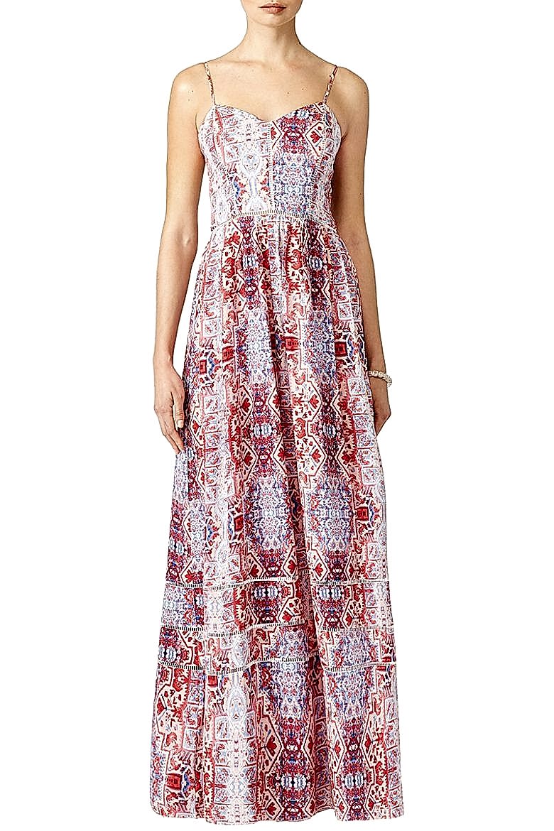 maxi dress with blue and red abstract print 
