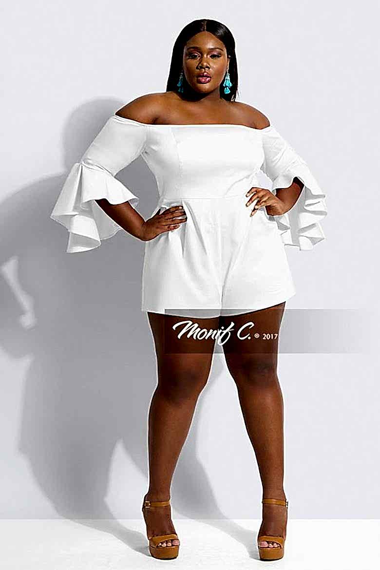 black woman in dropped shoulder trumpet sleeve white romper