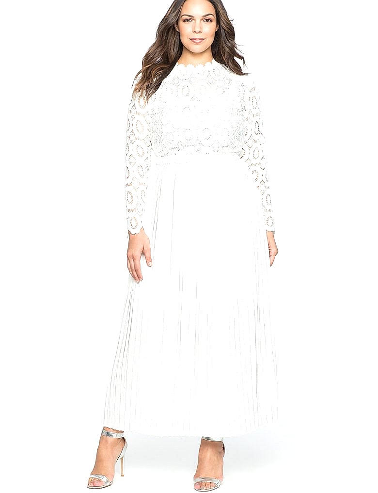 woman in long sleeved lace and pleated white dress