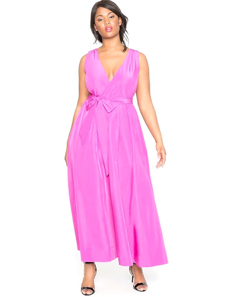 magenta wrap dress v neck on black model