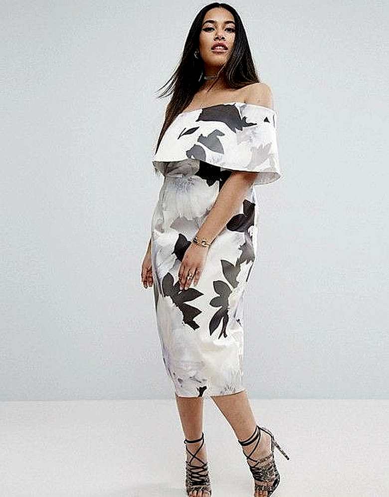 drop sleeve ruffle fitted dress with black and white floral patterns
